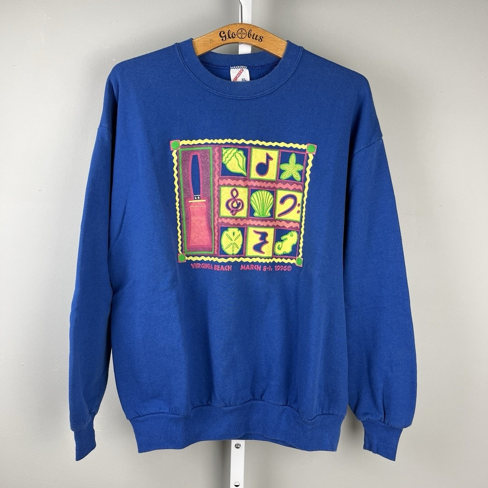 VTG 90s Crewneck Sweatshirt Jerzees XL Blue Virginia Beach Graphic Pullover‎